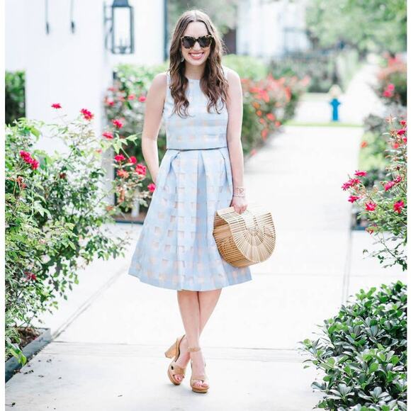 Eliza J Blue & Tan Checked Pleated Windowpane Midi Skirt Semiformal Sz 6 - Picture 11 of 11
